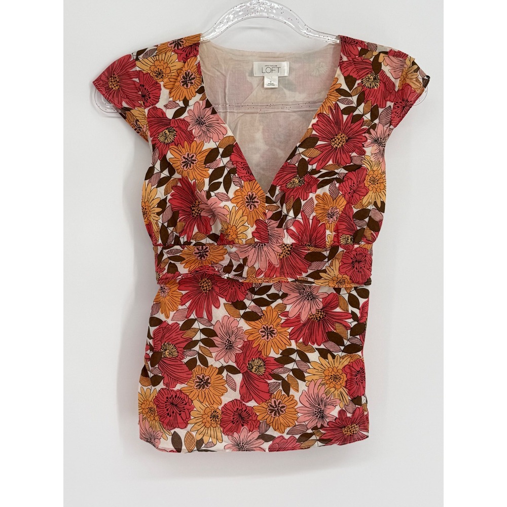 Ann Taylor‎ LOFT Floral Cotton V-Neck Cap Sleeve Empire Waist Tie Back Top Sz 0